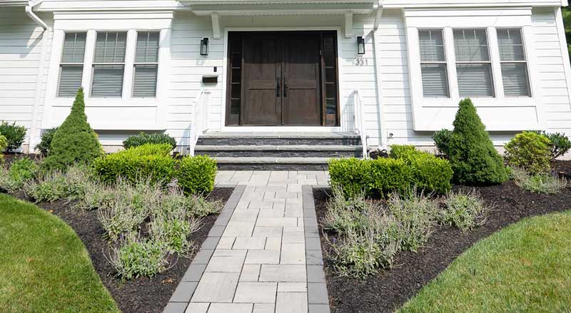 Front walkway bordered with crisp pavers and neatly trimmed foundation shrubs leading to a dark wood door, enhancing curb appeal through clean edge definition