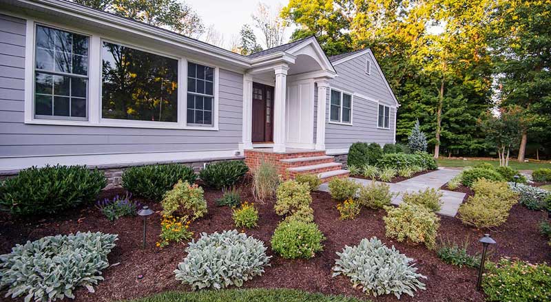 Tidy front garden beds with pruned shrubs and seasonal perennials lining a front walkway, showcasing the power of regular landscape maintenance