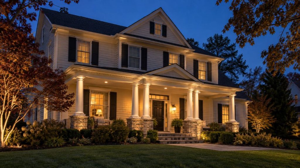 Blue Hour Colonial Home Lighting