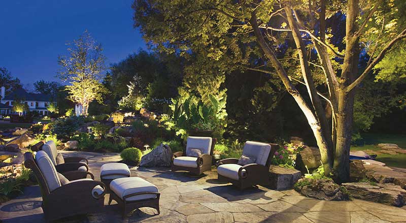 Outdoor seating area illuminated with stylish lights