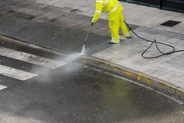 Landscape pressure washing a commercial walkway