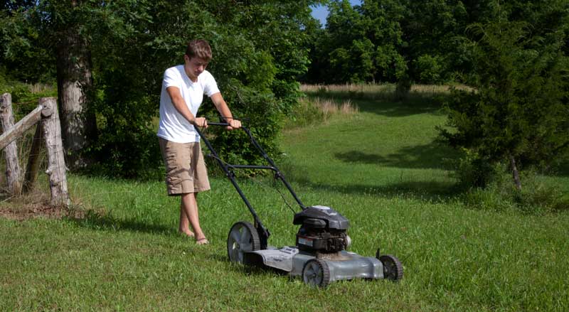An older teen mowing grass with a push mower
