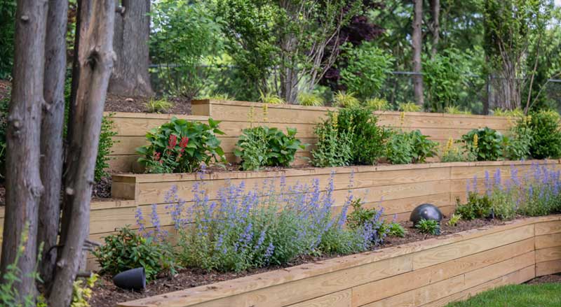 Multi-level retaining wall with garden flowers and plants