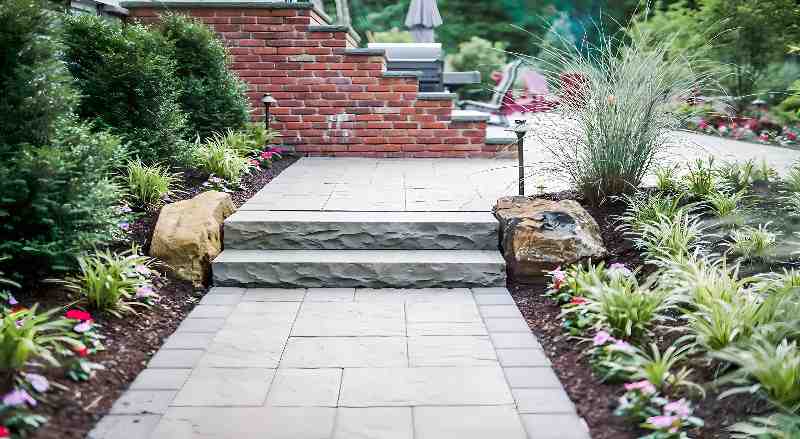 A pathway leading to the entrance of a home is lined with native plants