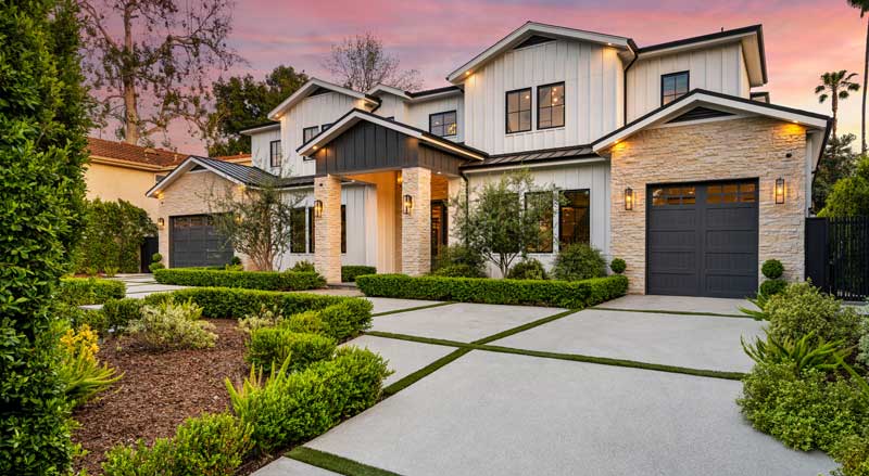 Well-manicured modern landscape with clean lines and balanced plantings