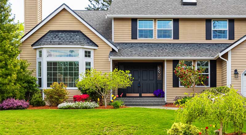 Freshly updated front yard with vibrant summer plantings and trimmed shrubs