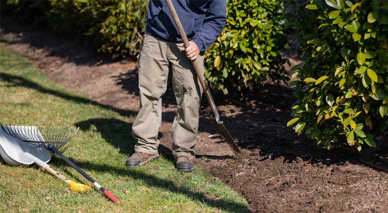Landscape Solutions crew member edging a garden bed with mulch during fall yard prep in New Jersey