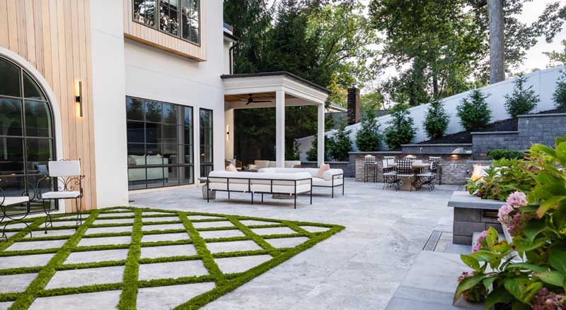 Completed modern patio and lawn design built after approved landscaping permits