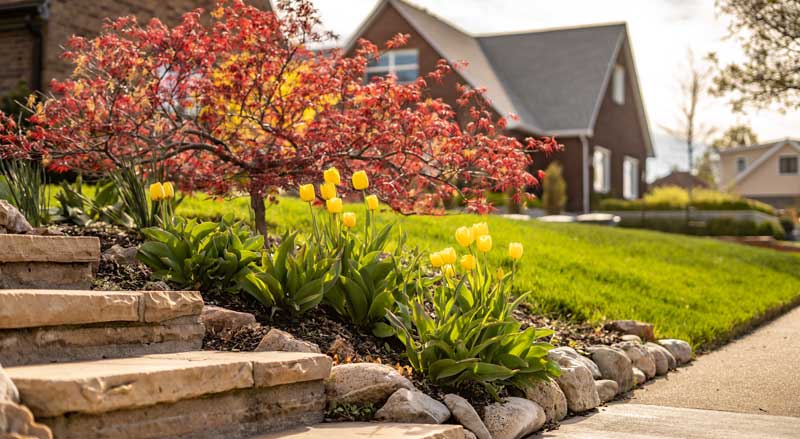 Front yard landscape with tulips, flowering trees, and stone steps, highlighting plant selection for curb appeal and seasonal color